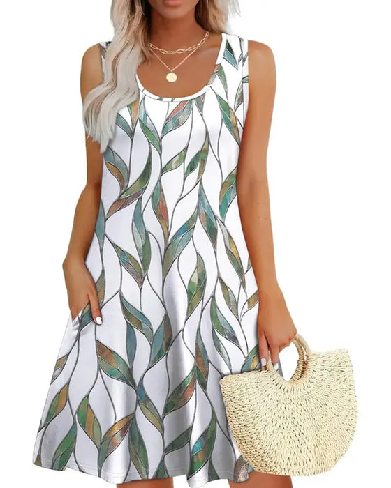 Jurk Elegant Bladprint Mouwloos