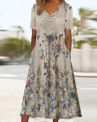 Jurk Kant Patchwork Bloemen Vogel Print