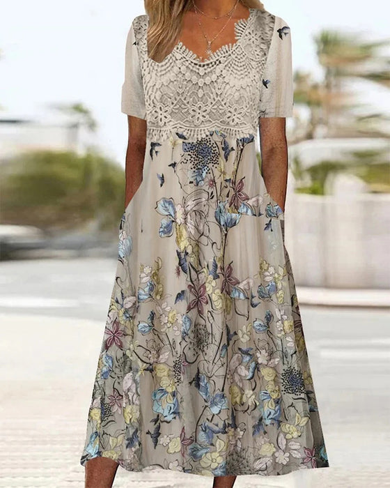 Jurk Kant Patchwork Bloemen Vogel Print