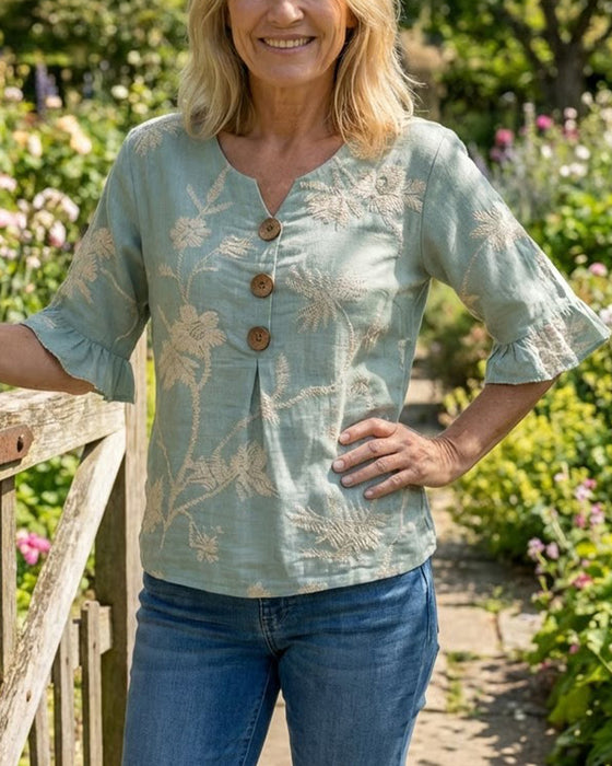 Blouse Ruche Mouw Drie-Knoop Loose Fit