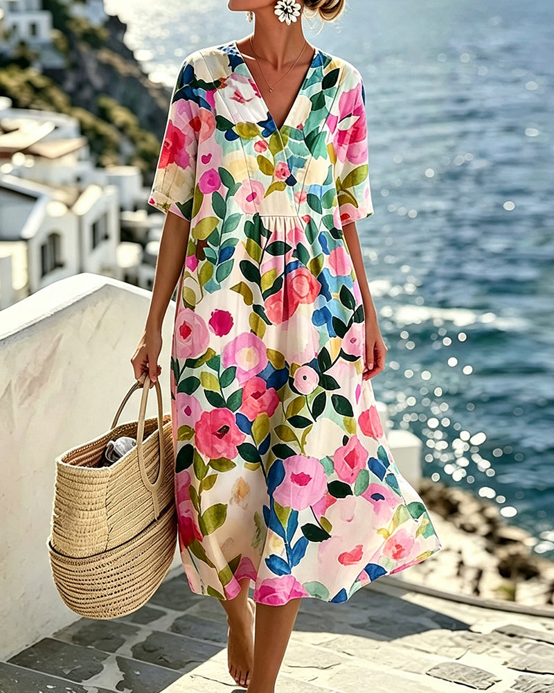 Jurk Aquarel Bloemen V-Hals