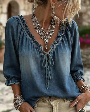 Blouses Denim V-Hals Stropdas