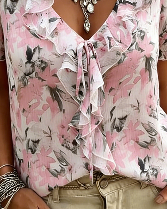 Blouse V-Hals Ruffle Ballon Mouw