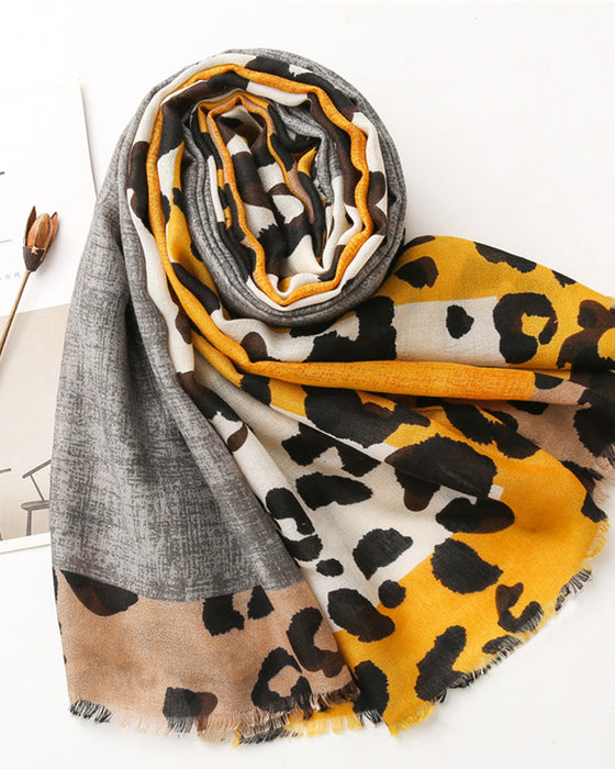 Dames Sjaal Luipaard Patchwork Print Franje Omslagdoek