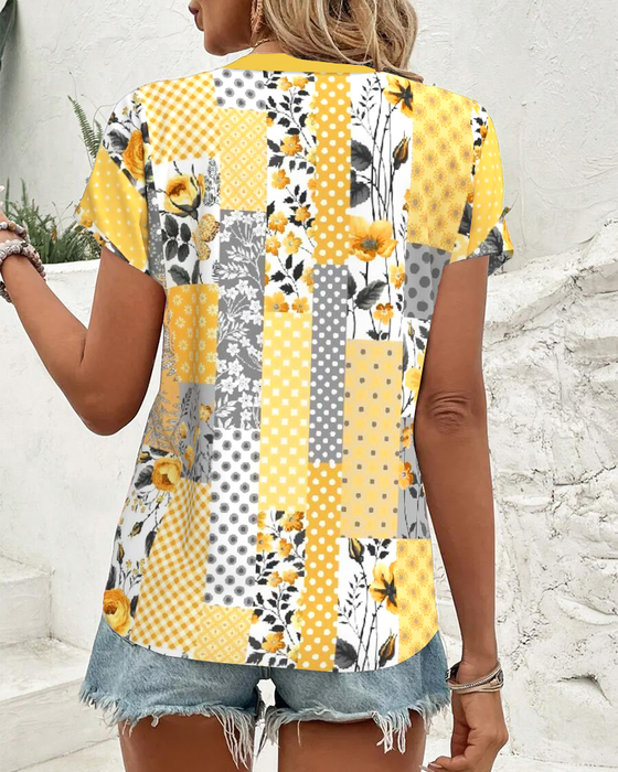 Blouse V-Hals Korte Mouwen Bloemenprint