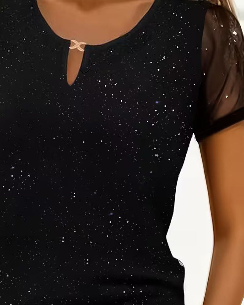 T-Shirt Glinsterend Mesh Ronde Hals