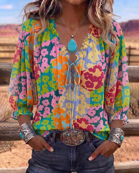 Blouse Bloemen V-Hals Strik-Voor Poef Mouw