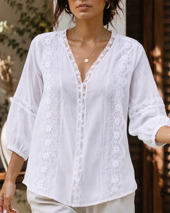 Blouse V-Hals Effen Kleur