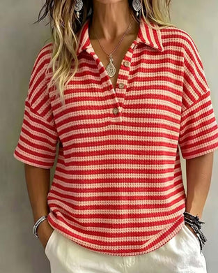 Blouse Polo Kraag Gestreept Knoop Voor
