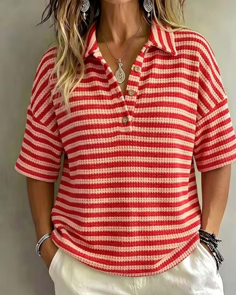 Blouse Polo Kraag Gestreept Knoop Voor