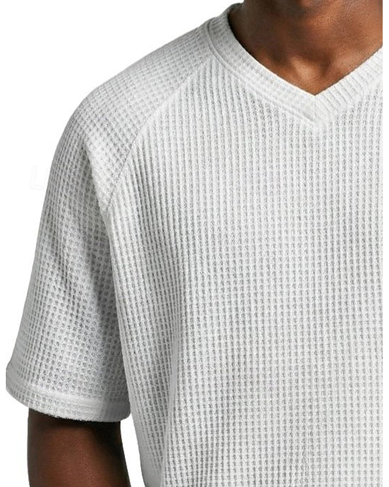 Heren V-Hals T-Shirt Met Wafelstructuur, Casual Short-Sleeve Top In Effen Kleur