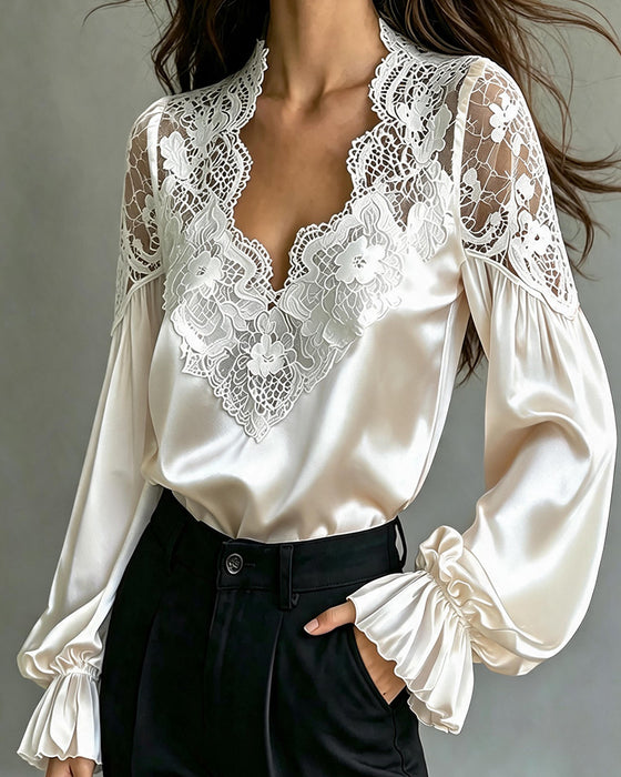 Blouse V-Hals Ruffle Kant Uitsnede