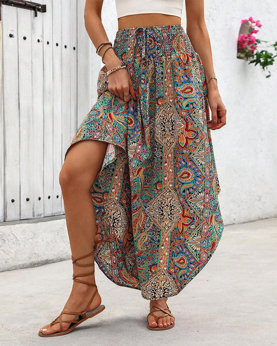 Rok Met Een Elastische tailleband, Retro - prints En Een Gekromde Saum