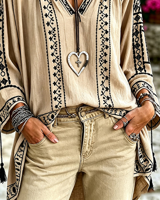 Blouse V-Hals Etnisch Halflange Mouw Relaxed