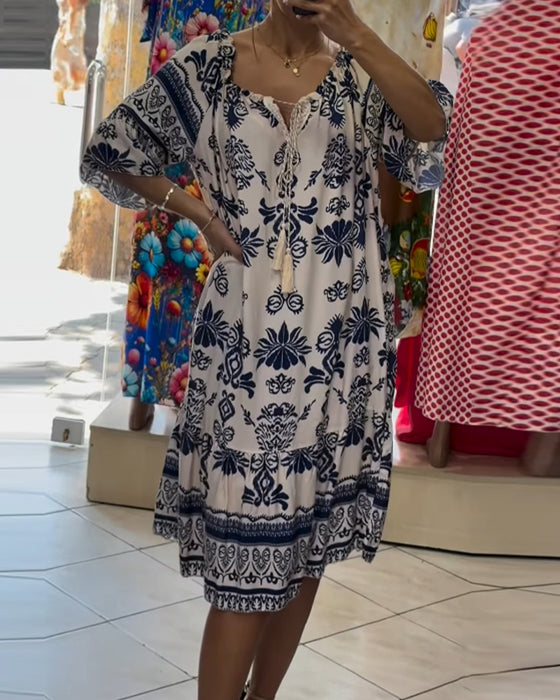 Jurk Ronde Hals Gedrukt Trompet Korte Mouwen