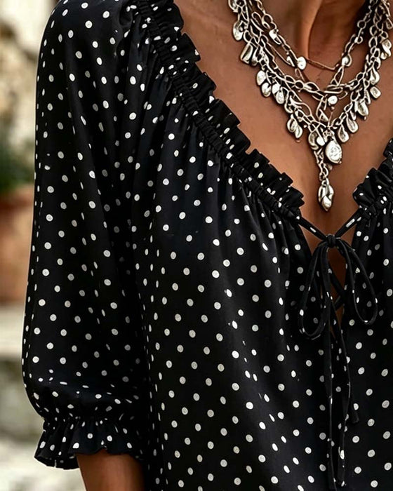 Blouse V-Hals Ruffle Polka Dot Strik