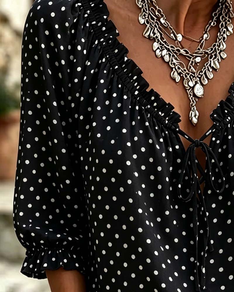 Blouse V-Hals Ruffle Polka Dot Strik