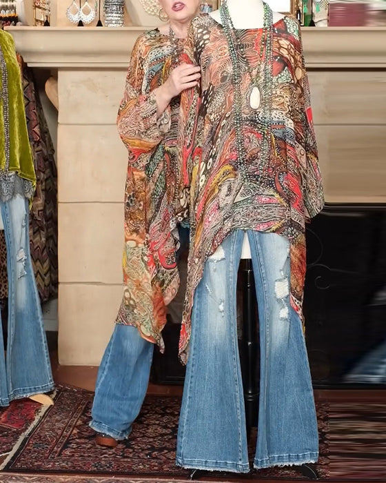 Blouse Wijde Vleermuismouw Print