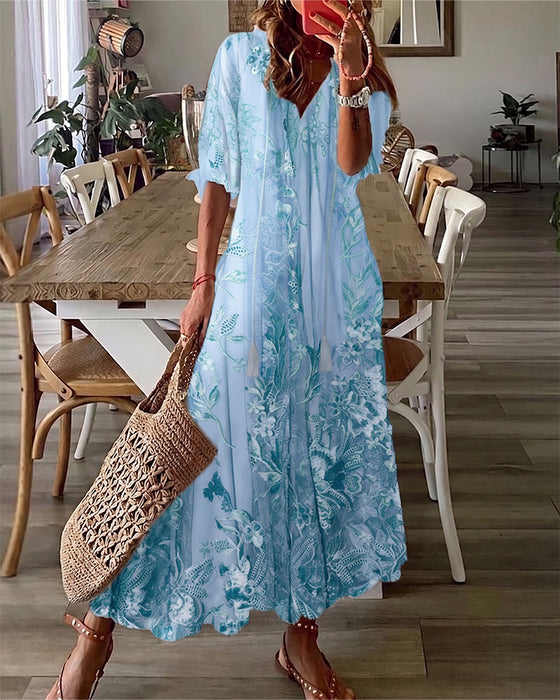 Jurk V-Hals Bloemig Ruffle Volle Rok