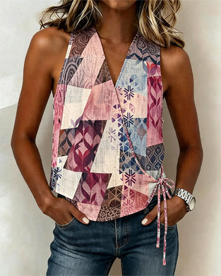 Casual Bedrukte Blouse Met Vetersluiting