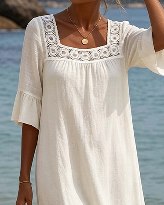 Robe Col Carré Découpe Volant Dentelle