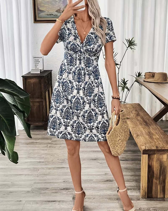 Jurk V-Hals Gerimpeld Hoge Taille Bohemien