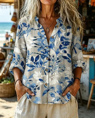 Blouse Opstaande Kraag Inkt Schilderij Bloemen