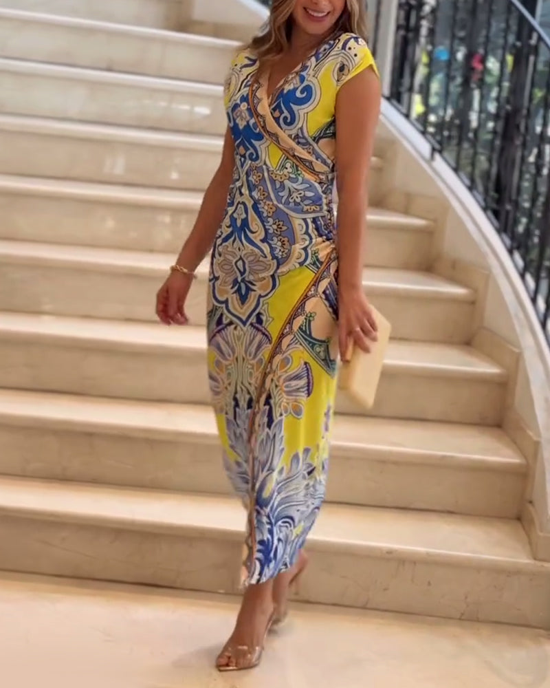 Elegante jurk met vintage print en v-hals