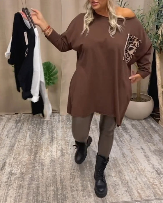 Casual ronde hals top met luipaardprint zak en lange mouw