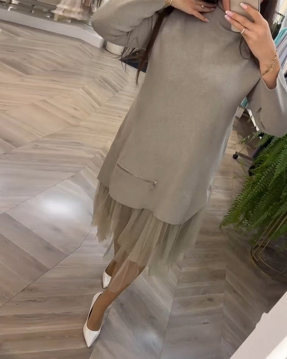 Jurk hoge kraag mesh patchwork