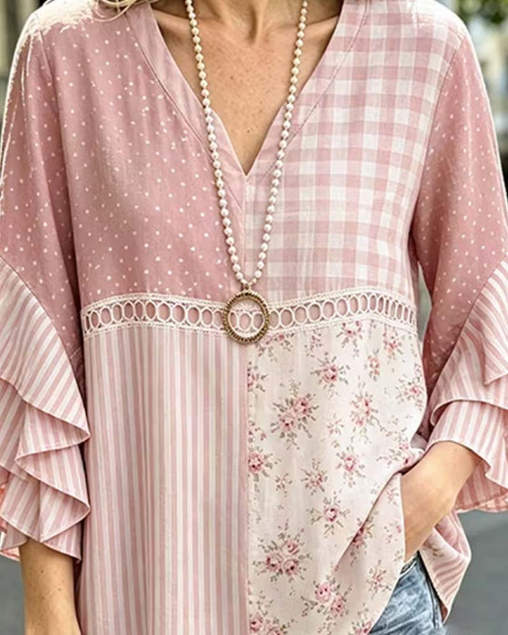 Blouse Dubbele Laag Ruche Mouwen Gestreept Stippenprint