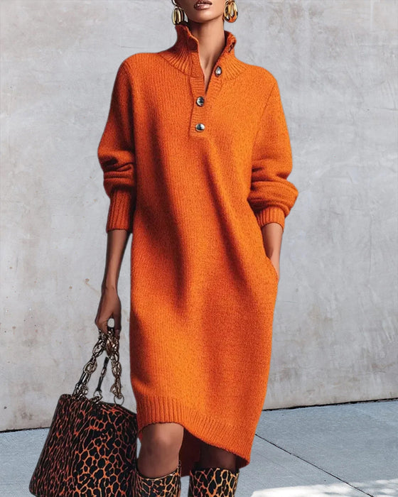 Effen Kleur Jurk Met Knopen En Hoge Hals