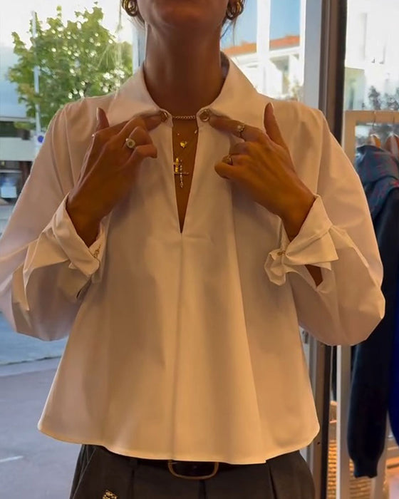 Blouse Reverse V-Hals Geknipt Lange Mouw