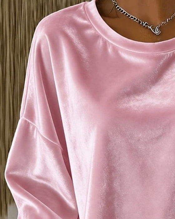 Blouse Ronde Hals Drop Schouder Relaxed Lange Mouw