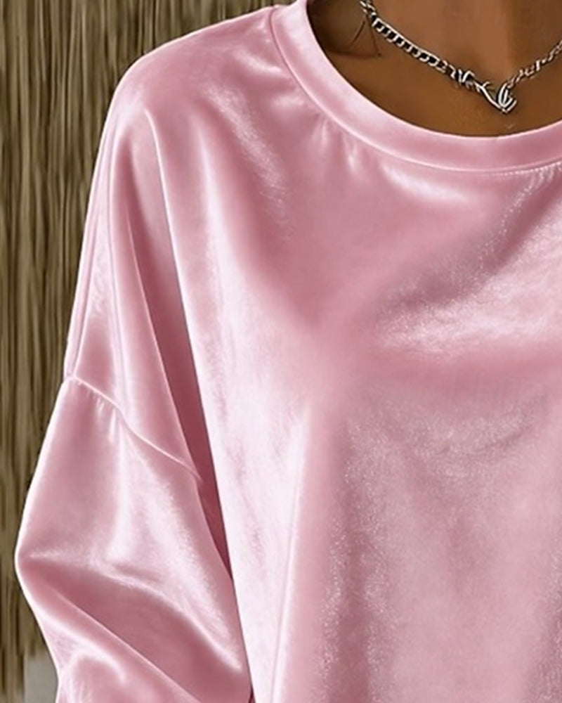 Blouse Ronde Hals Drop Schouder Relaxed Lange Mouw