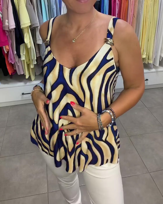 Blouse V-Hals Bandjes Zebra Print Metalen Knoop