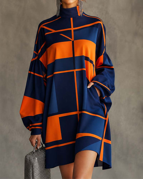 Jurk Contrastkleur Turtleneck Lantarenmouw