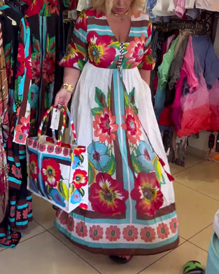 Diepe V losse casual bloemenjurk