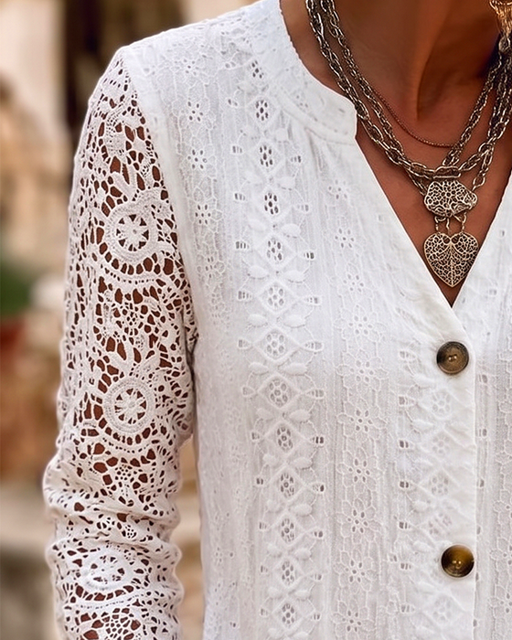 Blouse V-Hals Kant Knoop Effen