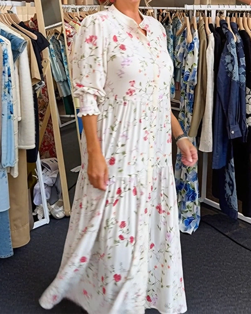 Jurk Stijlvol Bloemen Opstaande Kraag