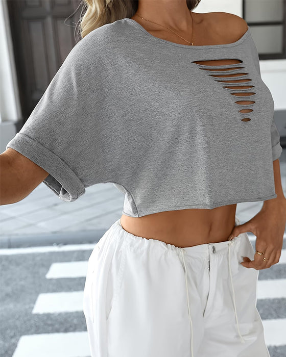 T-Shirts Off-Shoulder Asymmetrisch Gescheurd Omgerolde Zoom