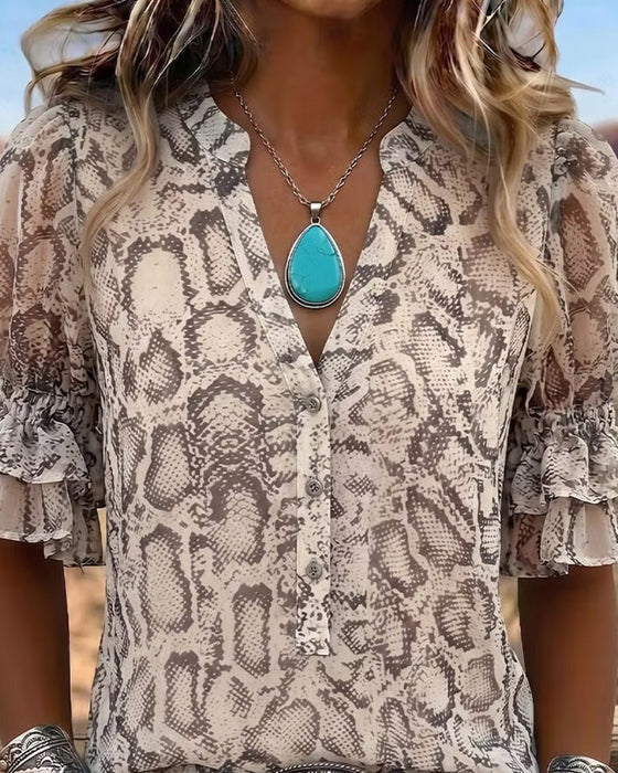 Blouse Slangenhuidpatroon V-Hals Pofmouw
