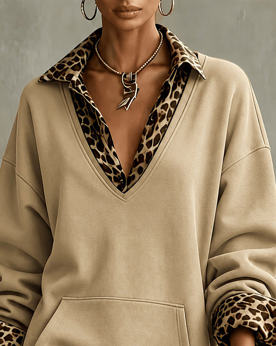 Jurk Kraag V-Hals Luipaardprint Sweatshirt