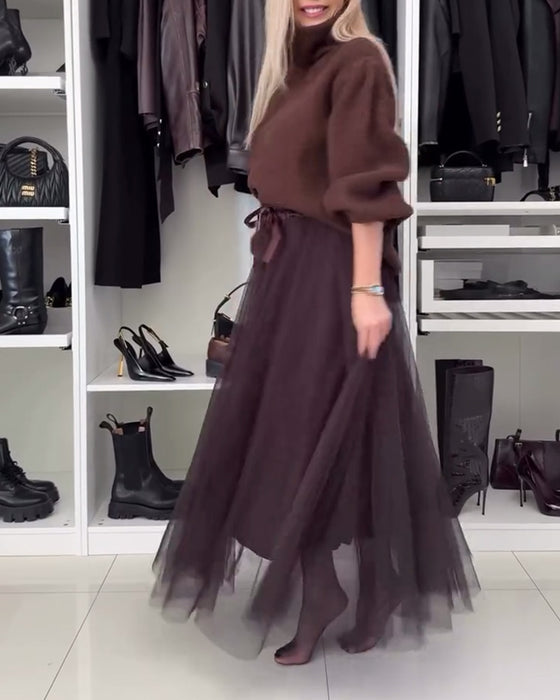 Casual effen mesh geplooide rok met veter