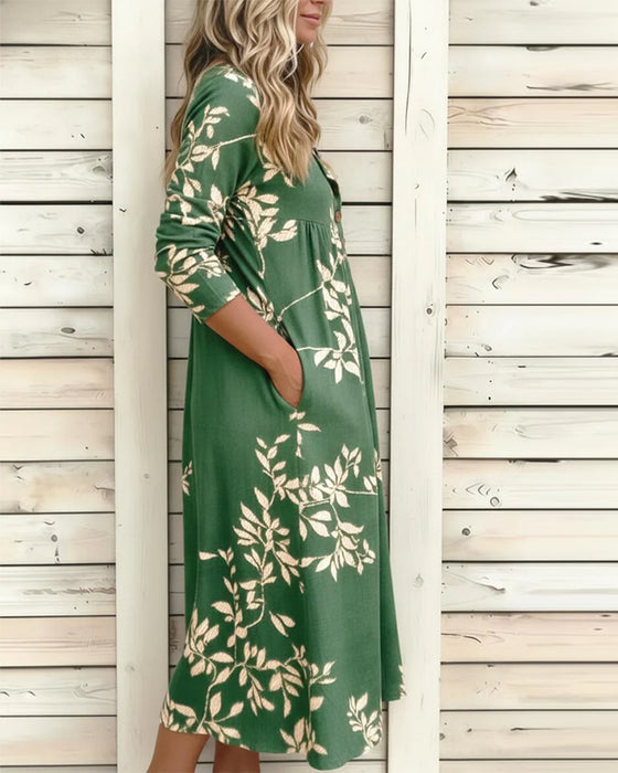 Jurk Botanische Print Knoop Gerimpeld