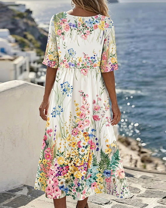 Jurk Rond Hals Aquarel Bloemen