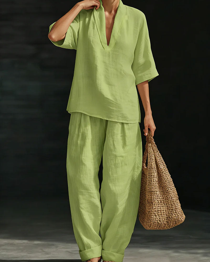 Set V-Hals Kort Mouw Katoen Linnen