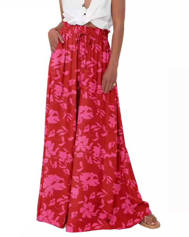 Broek Bloemen Effen Hoge Taille Wijd