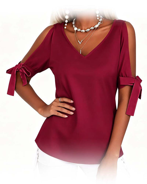 Blouse V-Hals Cold Shoulder Strik Effen