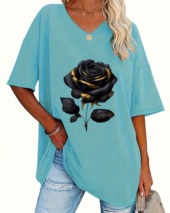 T-Shirt Rozenprint Loose Fit Half Mouw